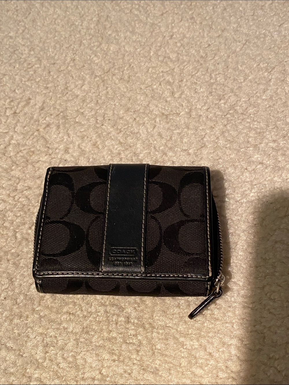 Coach Black Signature Compact Zip Wallet